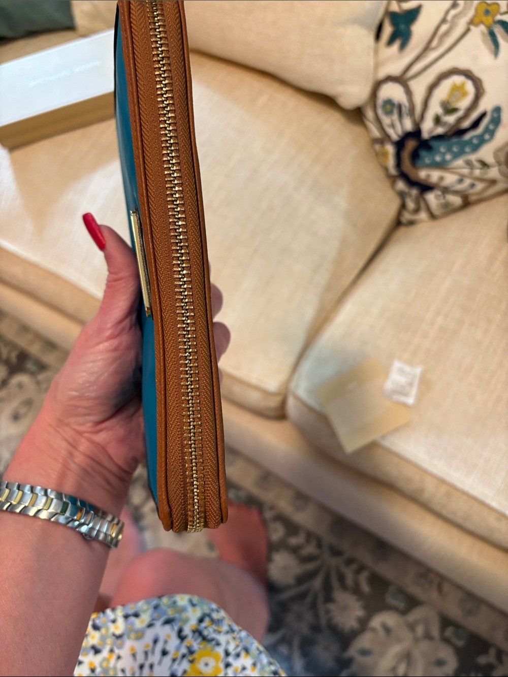 Michael Kors Teal Zip-Around Wallet with Brown Trim - Picture 7 of 14